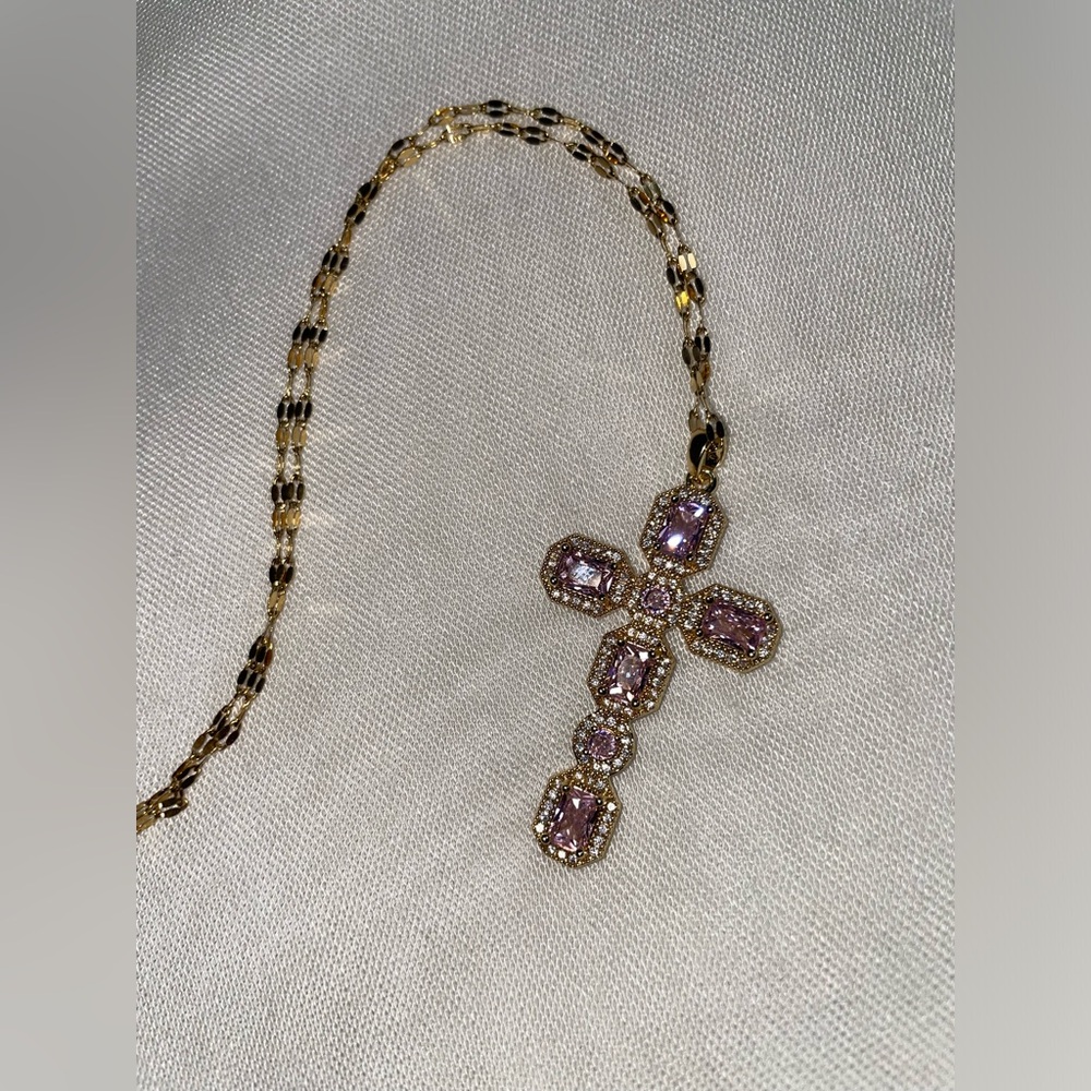 Gold & Pink Bling Cross Pendant Necklace